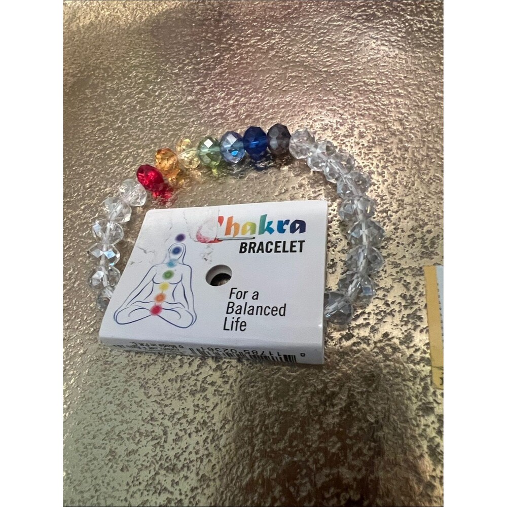 #2044*Chakra Beaded Bracelet - Clear Crystal with Rainbow Accent